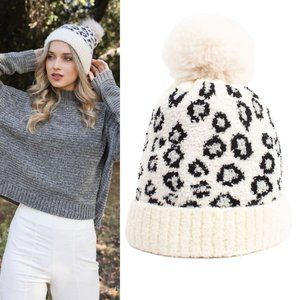 NEW Iovry Leopard Animal Pattern Faux Fur Pom Pom Fleeced Lined Soft Beanie Hat